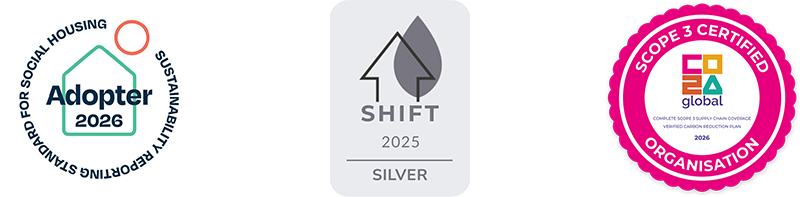 Logos to represent Abri as a Scope 3 certified organisation, a 2026 adopter of the Sustainability Reporting Standard for Social Housing, and the Shift Silver Award.